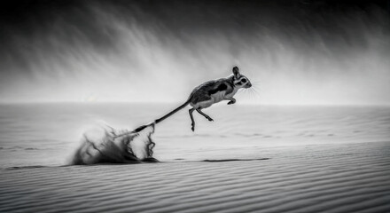 Jerboa jumping in desert sand, small animal leaping in black and white photo