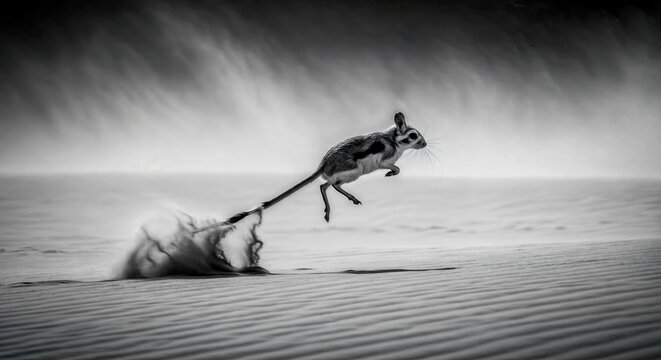 Jerboa jumping in desert sand, small animal leaping in black and white photo