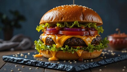 Juicy Cheeseburger with Melted Cheese, Lettuce, and Tomato - obrazy, fototapety, plakaty