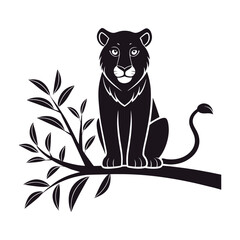 Smart Lion Silhouette on Tree Branch Vector Illustration