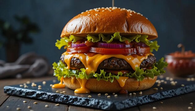 Juicy Cheeseburger with Melted Cheese, Lettuce, and Tomato