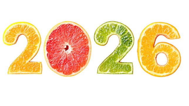 Vibrant citrus fruits shaped as the numbers 2026 are creatively displayed. Each numeral features a different fruit, adding color and zest to a festive mood, perfect for new year celebrations