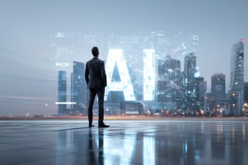 Businessman contemplating AI in a futuristic cityscape