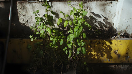 Lush green plants growing in a neglected urban setting, sunlight casting shadows. Ideal for illustrating resilience and urban nature