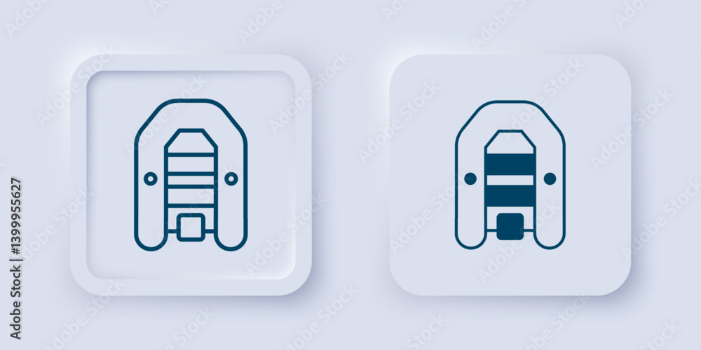 Poster filled and outline inflatable boat with outboard motor icon isolated on grey background. square butt