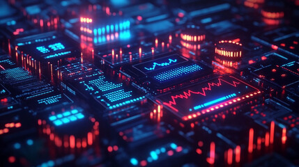 Fototapeta premium Glowing Sell With Market Isometric And Chart Buy Blue