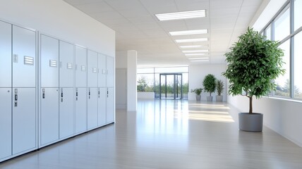 Bright corridor with lockers and plants in a modern building, flooded with natural light.