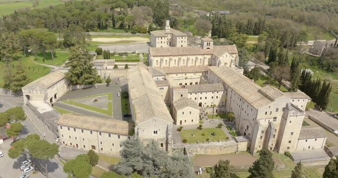 Aerial view of Casamari Abbey located near Frosinone, Lazio, Italy. It is a Cistercian abbey, example of early Italian Gothic architecture in the Burgundian style. It was declared a National Monument.