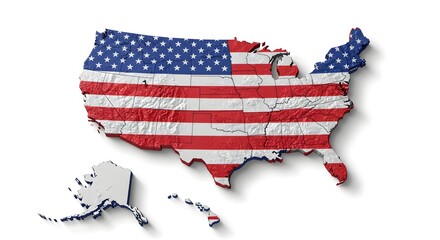 United States Map Covered with Flag Texture on White Background