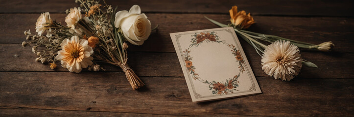 Floral arrangement with dried flowers and a decorative card on a wooden table in warm lighting