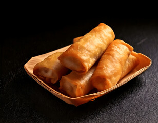 Spring rolls on a wooden plate