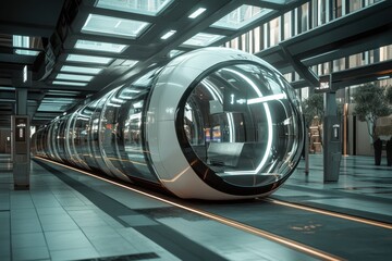 Futuristic transit system at a modern urban station with sleek design and high-tech features