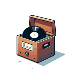 Fototapeta premium Vintage record player with vinyl in wooden case. Perfect for music collectors, retro audio equipment, and nostalgic entertainment themes.