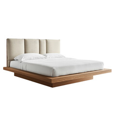 Fototapeta premium Modern platform bed with floating oak wood frame and dual-panel upholstered headboard in neutral tones for a clean minimalist look.