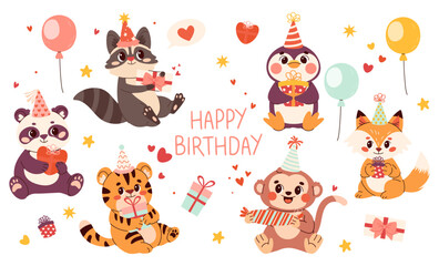 Obraz premium Cute animal birthday vector stickers set. Cartoon raccoon, panda, tiger, penguin, fox and monkey with party hats, gifts, balloons and confetti. Fun and colorful celebration clipart for kids, cards