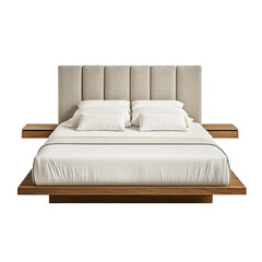 Obraz premium Modern platform bed with floating oak wood frame and dual-panel upholstered headboard in neutral tones for a clean minimalist look.