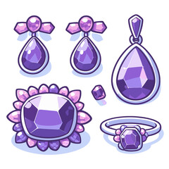 Purple amethyst jewelry set with earrings, pendant and ring, elegant accessories. Perfect for gemstone collections, luxury fashion, special occasion gifts, and jewelry store catalogs.