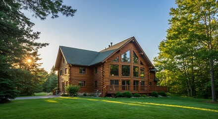Luxurious Log Cabin Home in Wooded Setting at Sunrise, Stunning Architecture and Landscaping