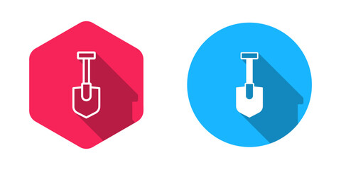 Filled and outline Shovel icon isolated with long shadow background. Gardening tool. Tool for horticulture, agriculture, farming. Vector