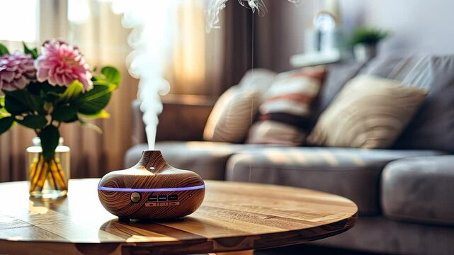 A soothing essential oil diffuser emits gentle mist in a warm, inviting living room decorated with fresh flowers