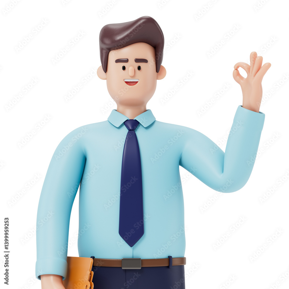 Poster a man holds a folder and makes an ok gesture, symbolizing successful completion or agreement. 3d ren