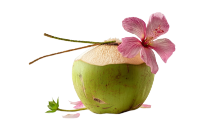Green coconut with pink flower and straw, isolated on transparent background