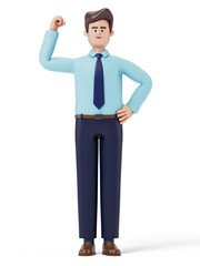 A man with a raised fist, symbolizing determination or victory. 3D rendering, conceptual image. Isolated on white background.