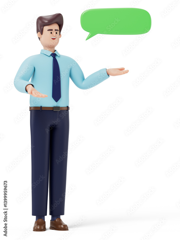 Poster a man gestures towards a speech bubble, symbolizing communication or explanation. 3d rendering, conc
