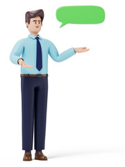 A man gestures towards a speech bubble, symbolizing communication or explanation. 3D rendering, conceptual image. Isolated on white background.
