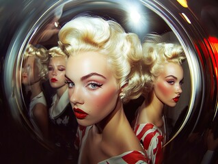 Blonde Models with Vintage Hairstyles and Bold Red Lips, Posing for a Fashion Forward Circular Composition.