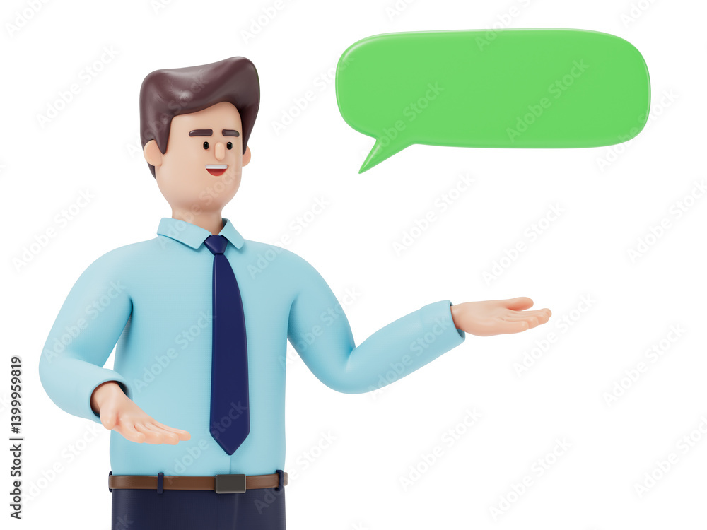 Aufkleber a man gestures towards a speech bubble, symbolizing communication or explanation. 3d rendering, conc