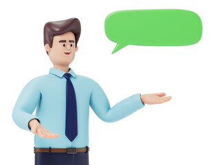 A man gestures towards a speech bubble, symbolizing communication or explanation. 3D rendering, conceptual image. Isolated on white background.