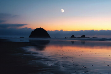 AI Image. Serene sunset beach in golden hour
