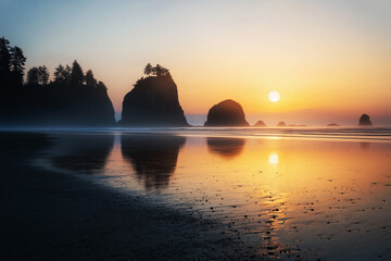 AI Image. Serene sunset beach in golden hour