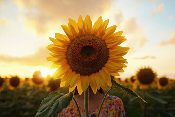 AI Image. Woman hiding behind the large sunflower in a field