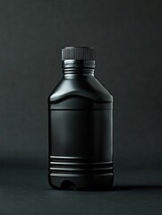 Black Plastic Bottle with Ribbed Cap: Sleek, modern design against a solid black background, centered shot.