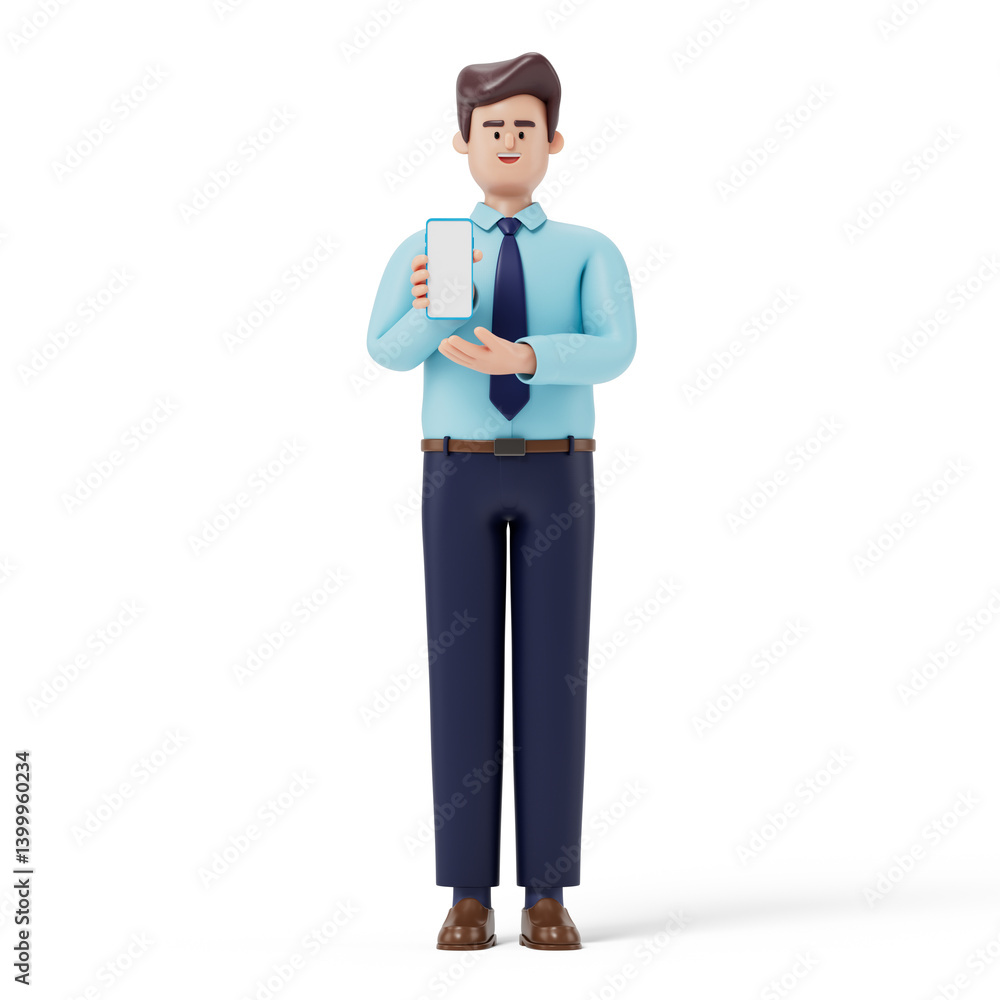 Poster a man holds a smartphone, symbolizing modern communication or technology use. 3d rendering, conceptu