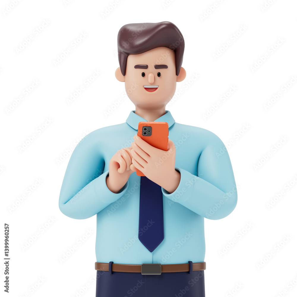 Poster a man using at his phone, symbolizing connectivity or communication. 3d rendering, conceptual image.