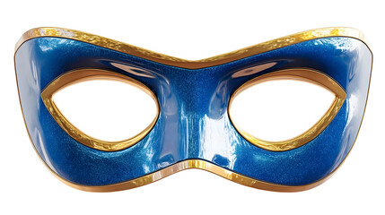 Blue superhero mask with gold trim on transparent background