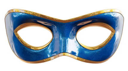 Blue superhero mask with gold trim on transparent background