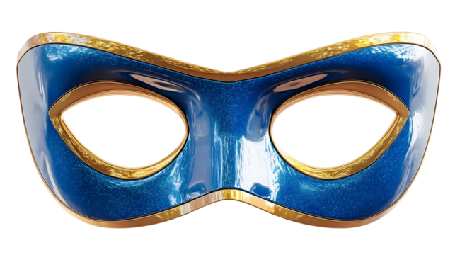 Blue superhero mask with gold trim on transparent background