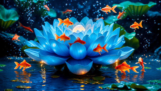 Enchanted underwater blue lotus with goldfish
