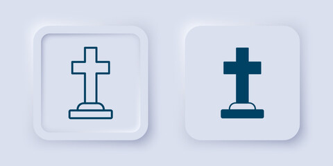 Obraz premium Filled and outline Tombstone with cross icon isolated on grey background. Grave icon. Happy Halloween party. Square button. Vector