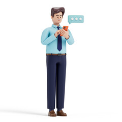 A man looks at his phone with a speech bubble, symbolizing communication or texting. 3D rendering, conceptual image. Isolated on white background.