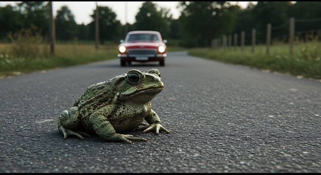 Toad on Asphalt Road Awaiting Fate Classic Car Approaches AI Generated