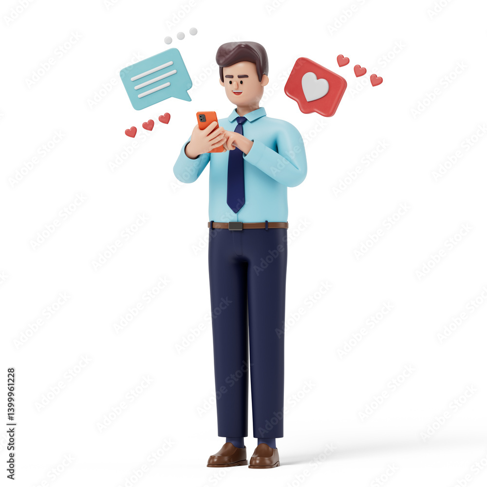 Poster a man interacts with his phone, surrounded by speech and heart bubbles, symbolizing positive digital