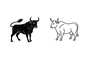 Contrasting Bull Illustrations Black Silhouette And Outline Drawing On White Background