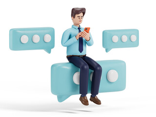 A man sits on a speech bubble, using his phone, symbolizing digital communication. 3D rendering, conceptual image. Isolated on white background.