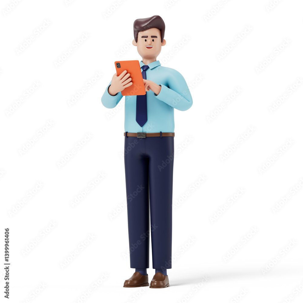Poster a man holds a tablet, symbolizing modern technology use or digital reading. 3d rendering, conceptual