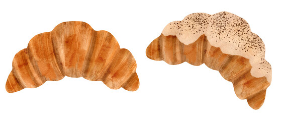 Hand-drawn digital watercolor croissants: one with white icing and chocolate chips, one plain. High-res PNG, transparent background. Perfect for bakery design, packaging, and menus.                  